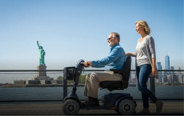 Older man enjoying a ride on a mobility scooter near the Statue of Liberty with his wife walking beside him – showcasing the freedom and convenience of Cloud of Goods scooter rentals in Las Vegas and other major cities.